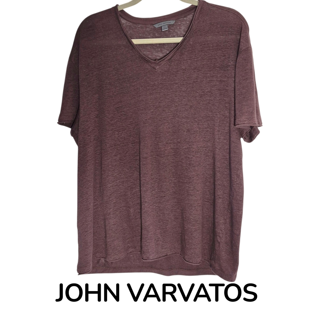 John Varvatos - Wooster V neck linen t shirt, raw edge. Dark Brown XXL / GUC